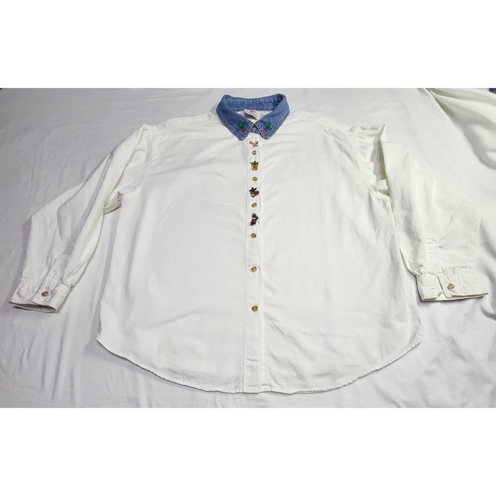 Nutcracker XL Embroidered Christmas Holiday White Shirt Denim Collar Vtg READ!
